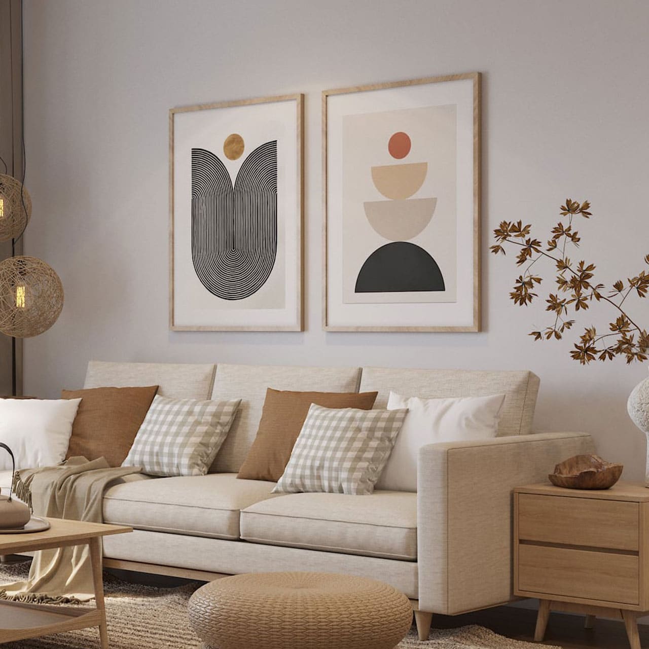 Set of 2 Neutral Abstract Geometrical Prints, – premium framed canvas wall art
