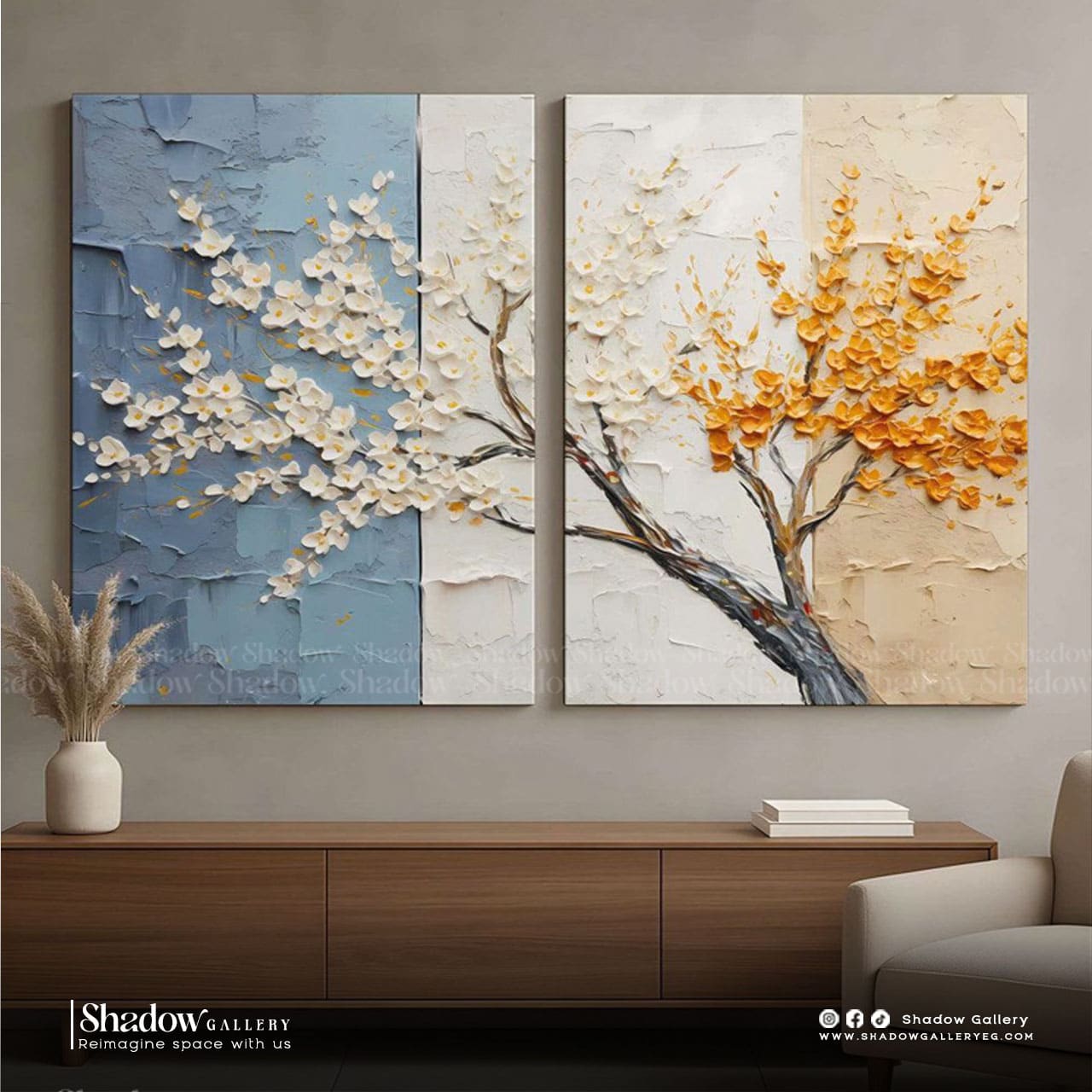 3D Textured Floral Diptych Art - Blue & Orange Blossom Set – premium framed canvas wall art