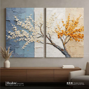 3D Textured Floral Diptych Art - Blue & Orange Blossom Set – premium framed canvas wall art