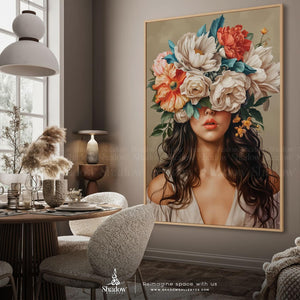 Artsense Woman with Flower Head Canvas Wall Art – close-up detail of frame and canvas texture