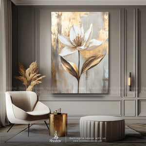 Single Gold Flower , Botanical Print – close-up detail of frame and canvas texture