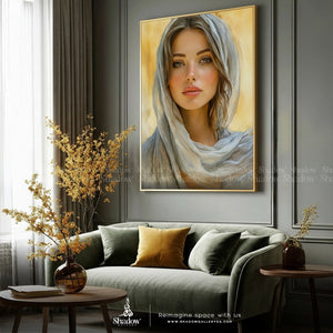 Abstract Woman Yellow and White Beautiful Face – styled in a modern room setting