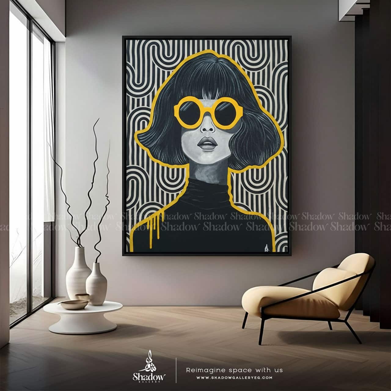 Black & Yellow Lines Abstract Girl With Glasses Wall Art – close-up detail of frame and canvas texture