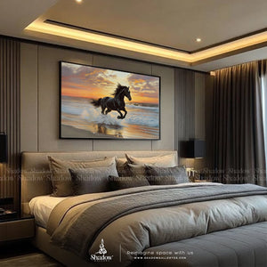 Black Stallion Beach Print: Equestrian Landscape Art – premium framed canvas wall art