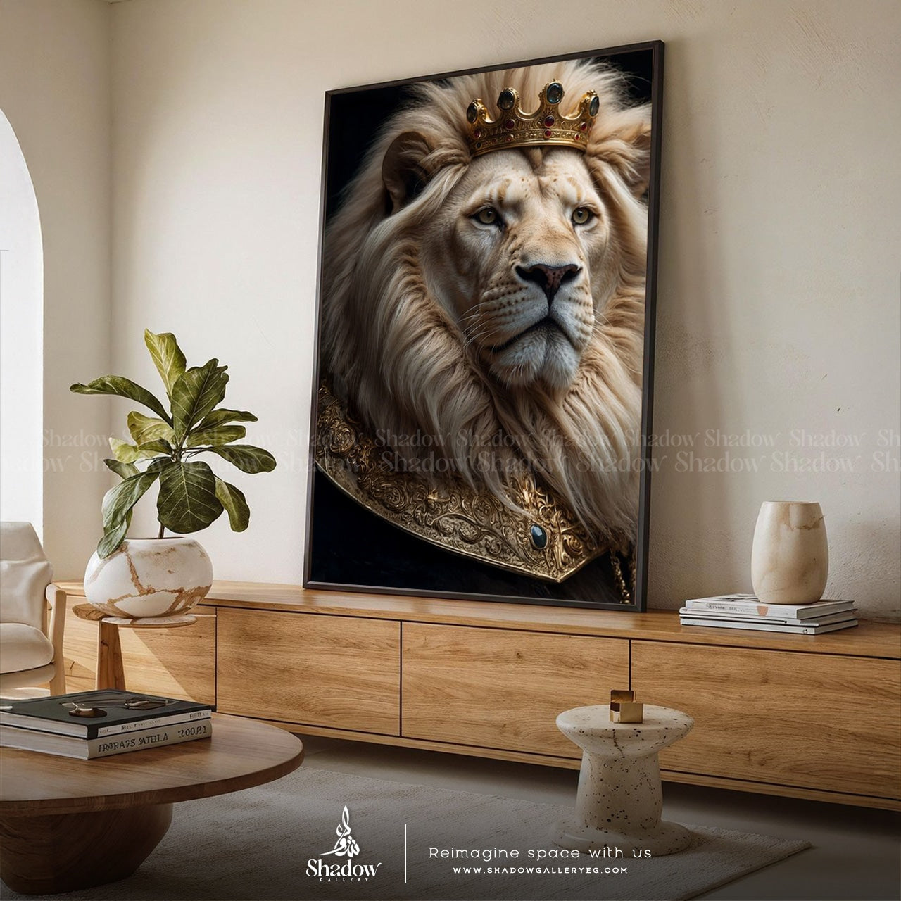 Crowned Lion Canvas Art | Lion King – close-up detail of frame and canvas texture