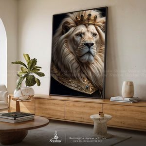 Crowned Lion Canvas Art | Lion King – close-up detail of frame and canvas texture