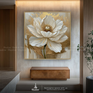 Gold and Off white Minimalist Square Floral Art – premium framed canvas wall art