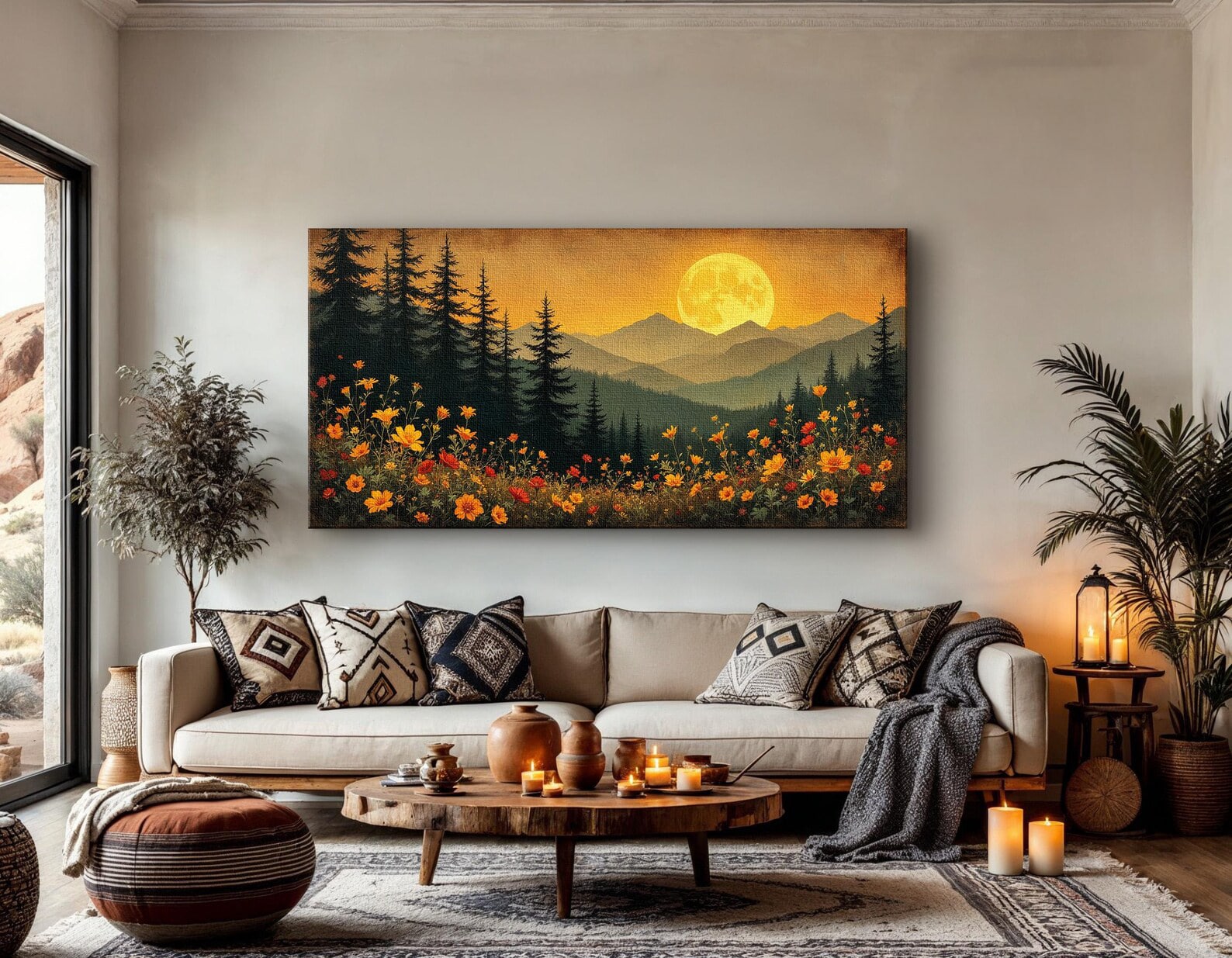 Full Moon Over Mountains Wall Art, – close-up detail of frame and canvas texture