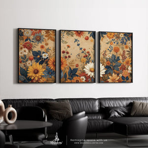 Retro Floral Triptych | Warm Earth Tone – close-up detail of frame and canvas texture