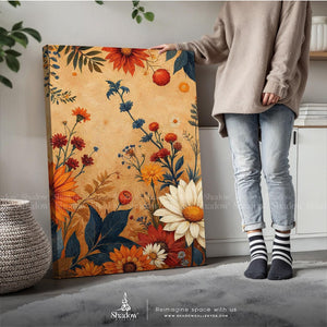 Retro Floral Triptych | Warm Earth Tone – styled in a modern room setting