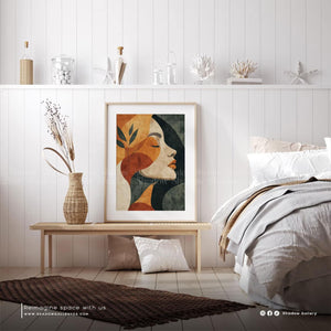 Boho Art Woman Face Wall Art – styled in a modern room setting