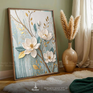 Luxury White and Gold Magnolia Blossom – close-up detail of frame and canvas texture