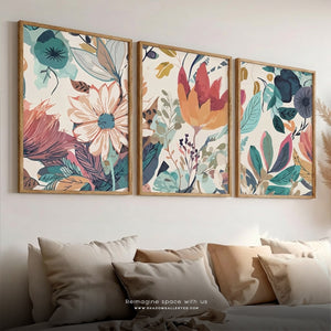 Botanical Colorful Flower Canvas Framed , Set of 3 – premium framed canvas wall art