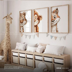 Nursery Wall Art, Cute Animals Prints Set of 3 – close-up detail of frame and canvas texture