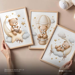 Neutral Teddy Bear Nursery Set of 3 – premium framed canvas wall art