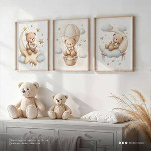 Neutral Teddy Bear Nursery Set of 3 – styled in a modern room setting