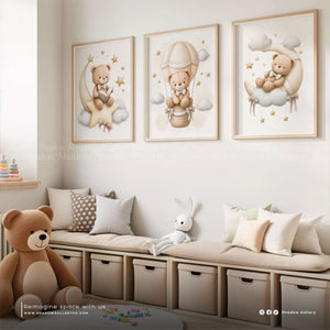Neutral Teddy Bear Nursery Set of 3 – styled in a modern room setting
