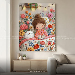 A whimsical illustration a young girl and a white cat – premium framed canvas wall art