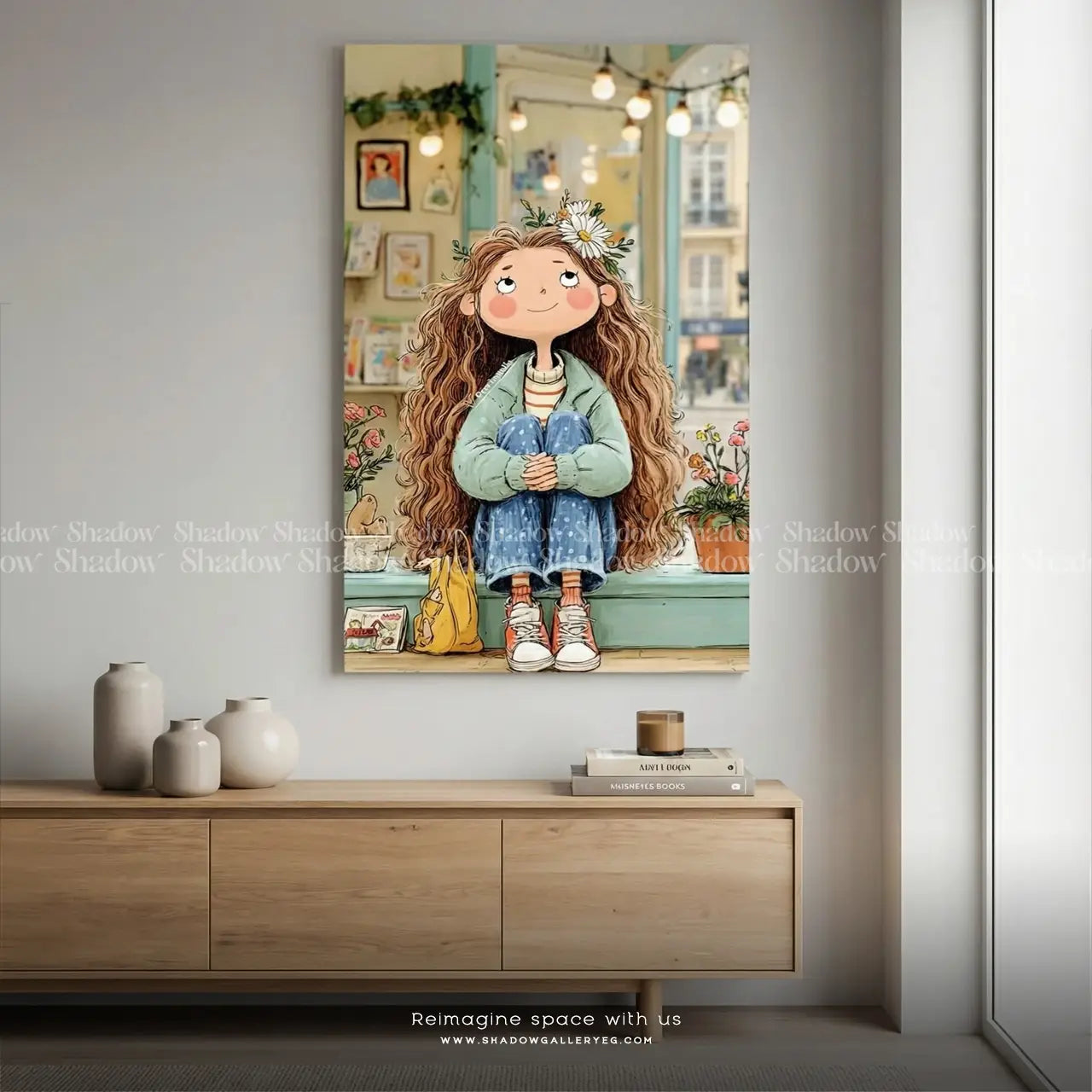 Little Girl with Long Hair and Flowers – premium framed canvas wall art