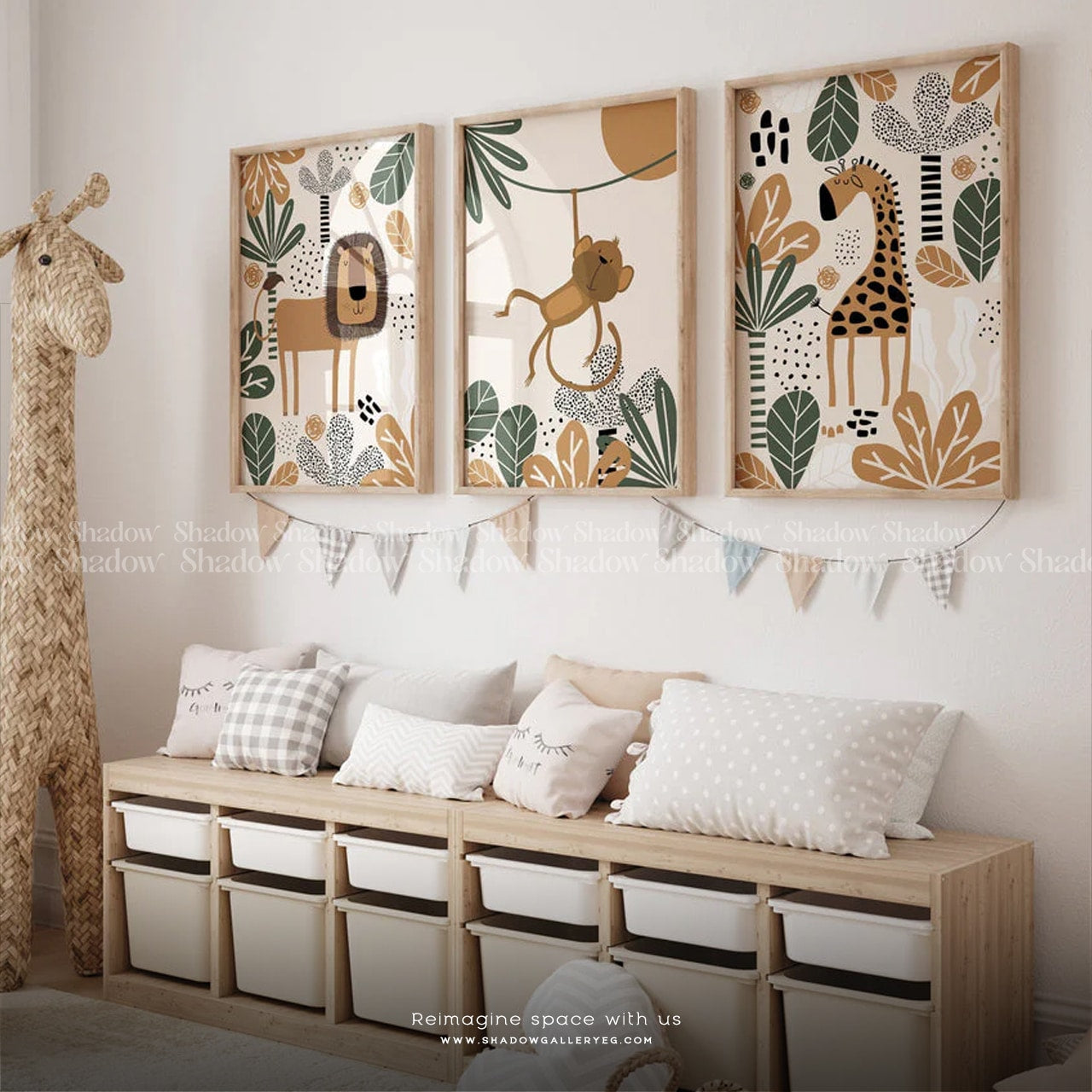 Set of 3 Safari Nursery Wall Art Prints – close-up detail of frame and canvas texture