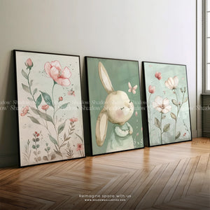 Bunny and Butterfly Floral Nursery Set of 3 – styled in a modern room setting
