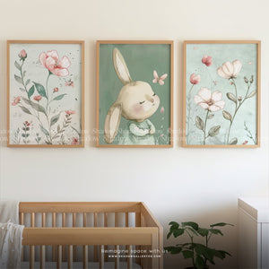Bunny and Butterfly Floral Nursery Set of 3 – premium framed canvas wall art