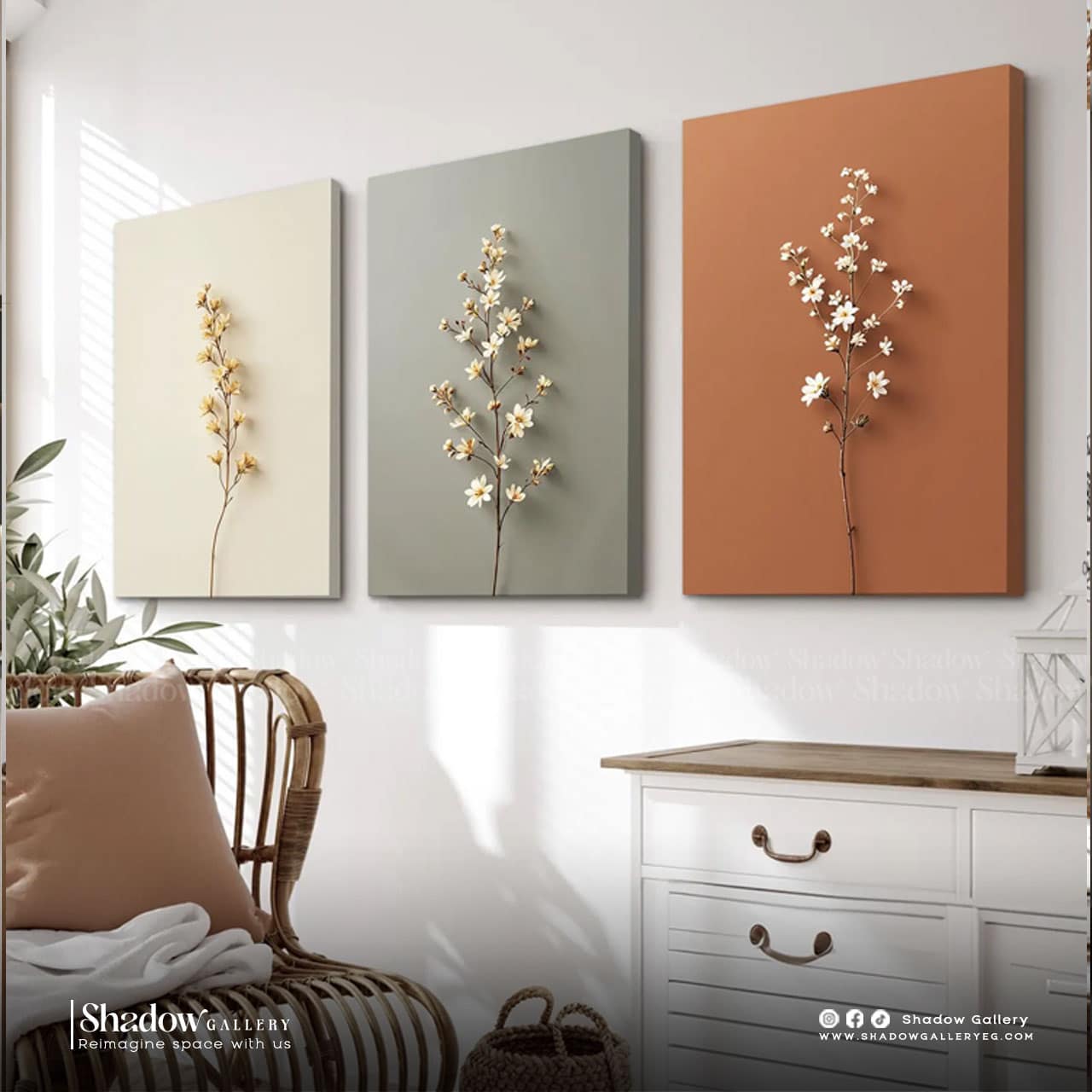 Minimalist Botanical Triptych | Neutral Floral 3-Piece Set | Shadow Gallery