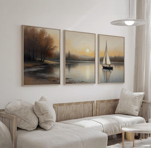 Sailboat Lake Triptych Set of 3 – premium framed canvas wall art