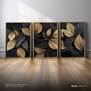 Set of 3 | Luxurious Black and Gold Canvas – close-up detail of frame and canvas texture