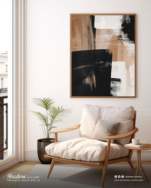 Modern Abstract Black & Tan Textured Wall Art – close-up detail of frame and canvas texture
