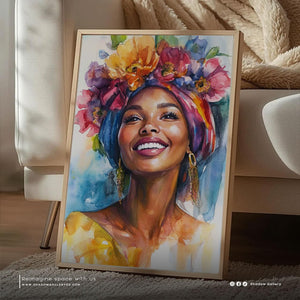 Portrait of a Smiling Colorful African Woman – styled in a modern room setting