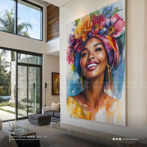 Portrait of a Smiling Colorful African Woman – close-up detail of frame and canvas texture
