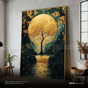 Abstract Gold and Green Moon Wall Frame – styled in a modern room setting