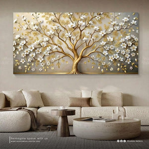 White Flower Luxury Golden Tree – styled in a modern room setting