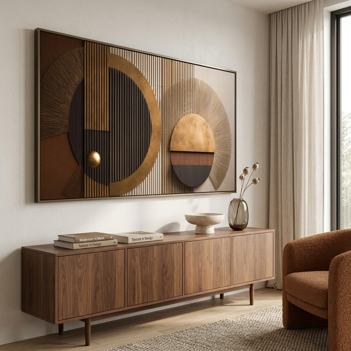 The geometric eclipse panel above a long walnut sideboard beside a rust armchair