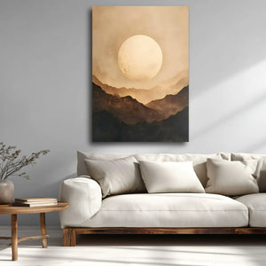 The sunrise mountains canvas above a cream sofa on a grey wall
