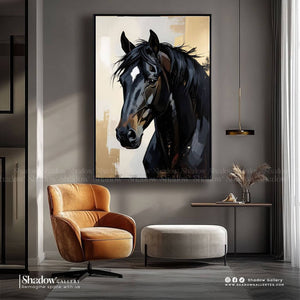 Abstract Black Horse Portrait Canvas Art – close-up detail of frame and canvas texture