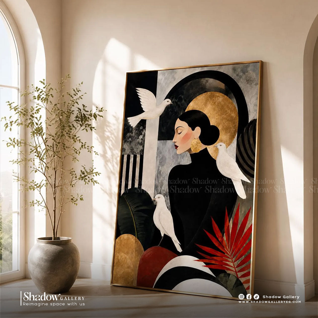Art Deco Woman Portrait Wall Art, Black Gold Abstract Bird – premium framed canvas wall art