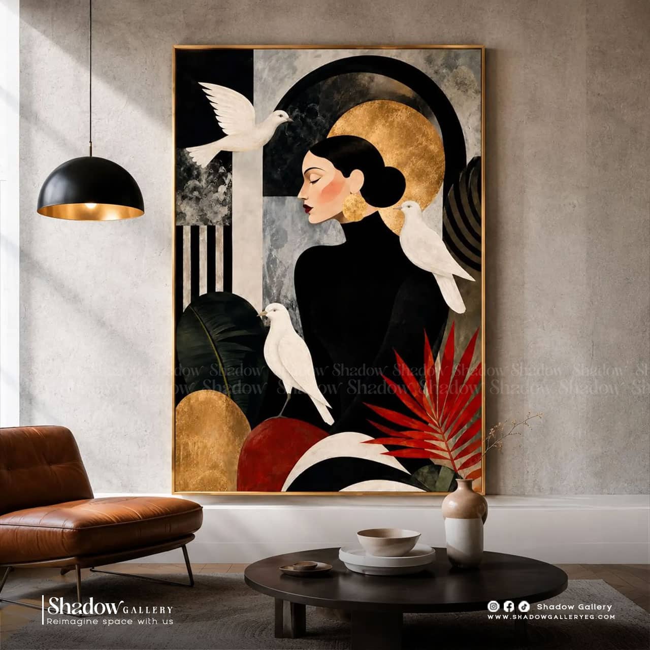 Art Deco Woman Portrait Wall Art, Black Gold Abstract Bird – close-up detail of frame and canvas texture