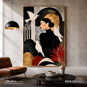 Art Deco Woman Portrait Wall Art, Black Gold Abstract Bird – close-up detail of frame and canvas texture