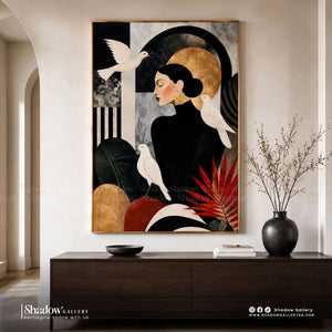 Art Deco Woman Portrait Wall Art, Black Gold Abstract Bird – styled in a modern room setting