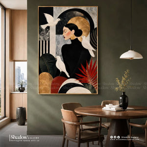 Art Deco Woman Portrait Wall Art, Black Gold Abstract Bird – styled in a modern room setting