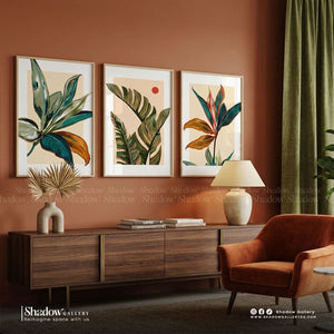 Colorful Tropical Leaves Wall Art (3-Piece Set) – styled in a modern room setting