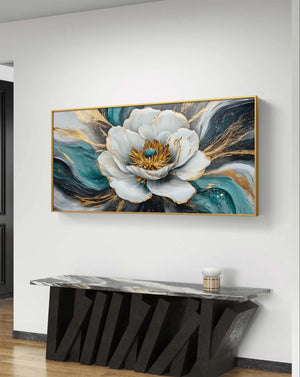 Gold and Teal Floral Art: Modern – close-up detail of frame and canvas texture