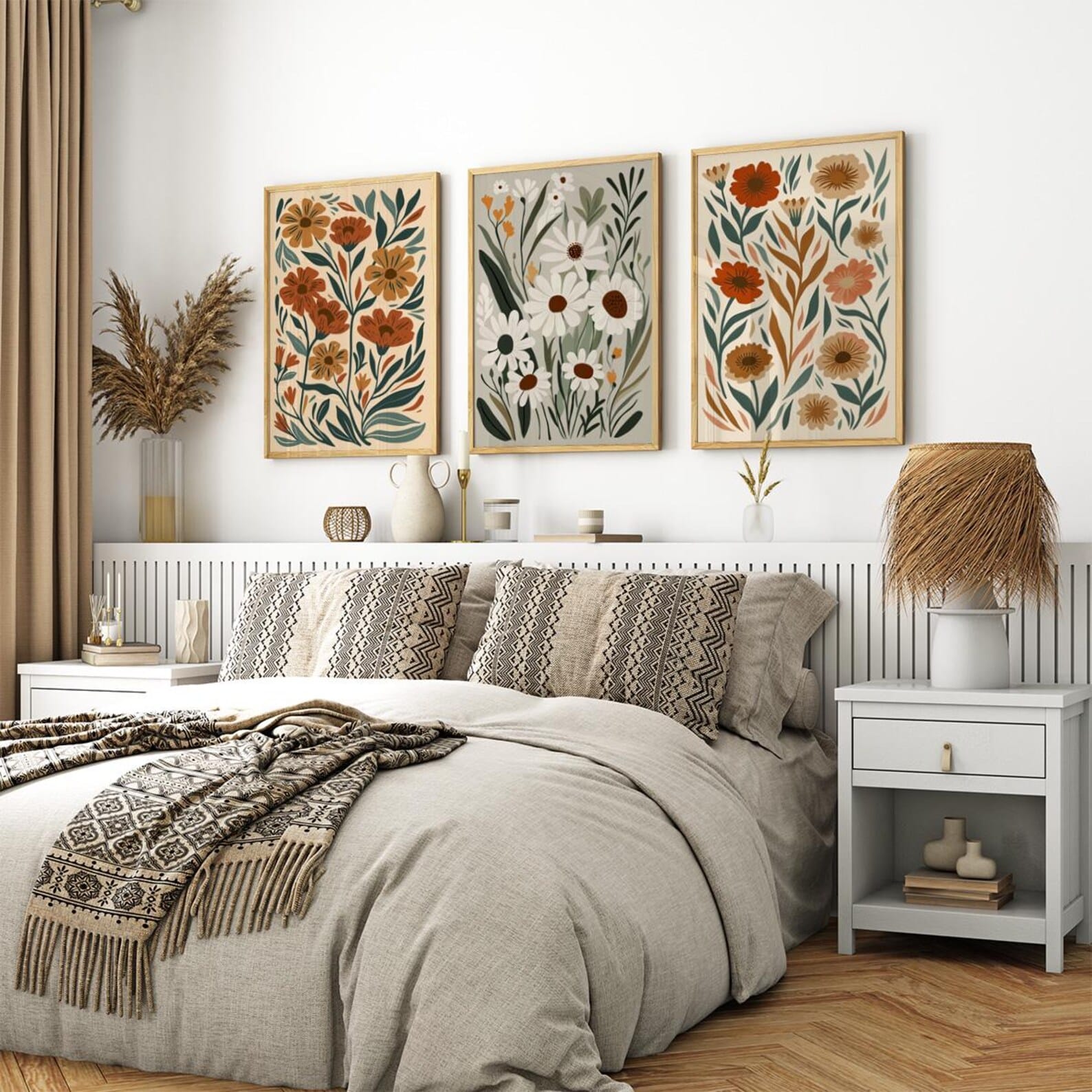 Modern Boho Abstract Floral Set of 3 – close-up detail of frame and canvas texture