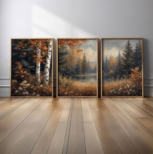 Autumn Forest Lake Wall Art Triptych – styled in a modern room setting