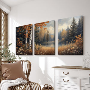 Autumn Forest Lake Wall Art Triptych – premium framed canvas wall art