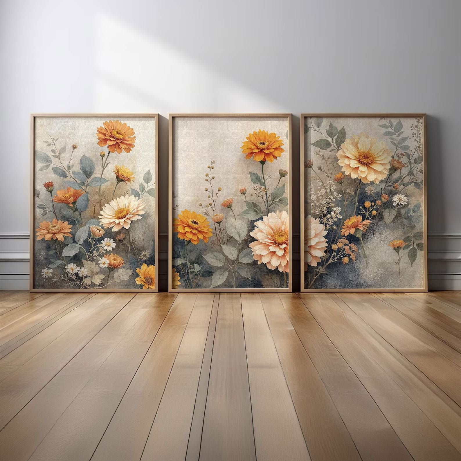 Elegant Floral Wall Art Set of 3 – close-up detail of frame and canvas texture