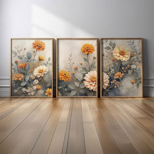 Elegant Floral Wall Art Set of 3 – close-up detail of frame and canvas texture