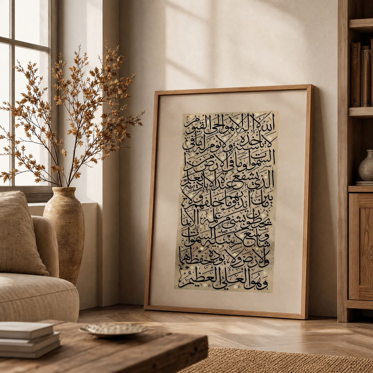 The minimalist Ayatul Kursi canvas in a wood frame beside a bookshelf